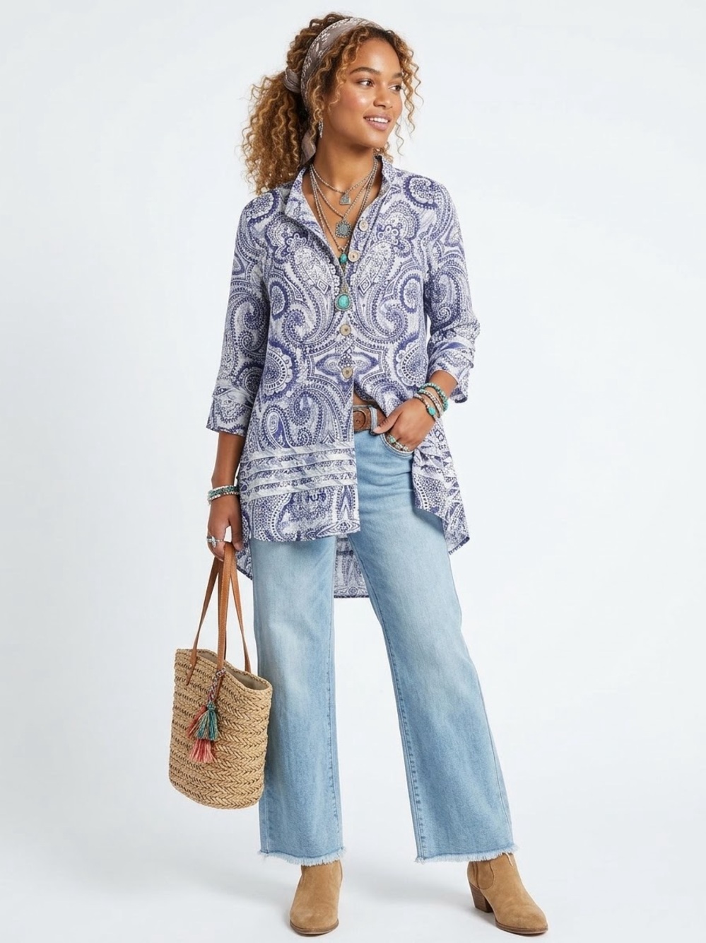 John Mark $128 P2P 20” Blue Paisley Linen Blend Tiered Tunic Blouse S